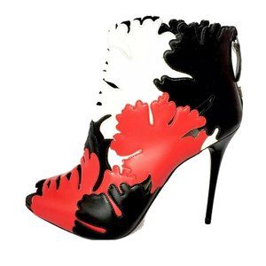 Alexander McQueen Lotus Flower Appliqué Peep- Toe Bootie Leather Red Black 41